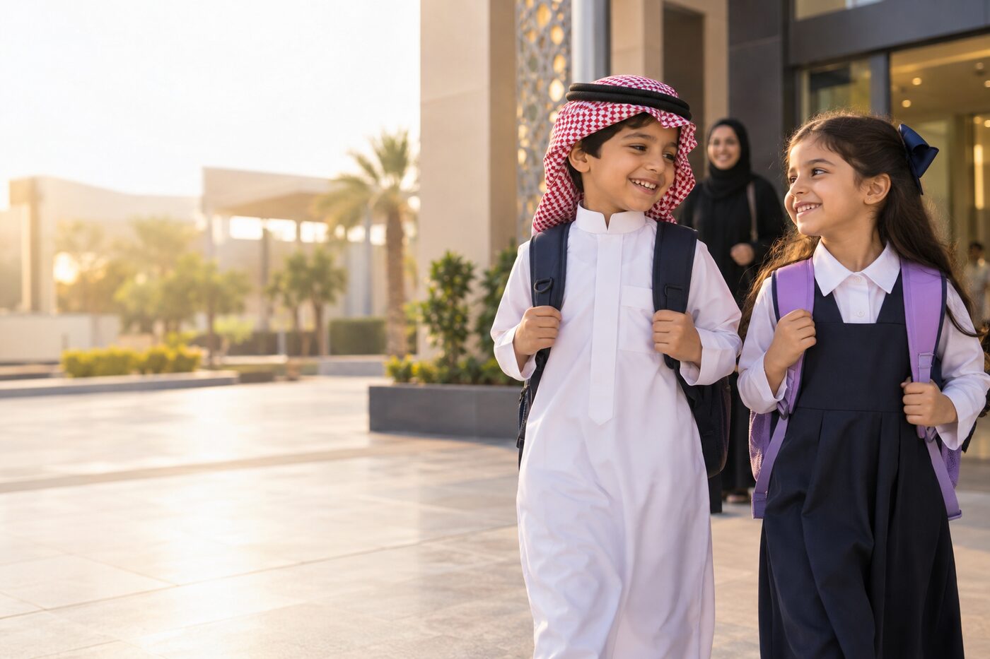 طفلان سعوديان مبتسمان في بيئة مدرسية