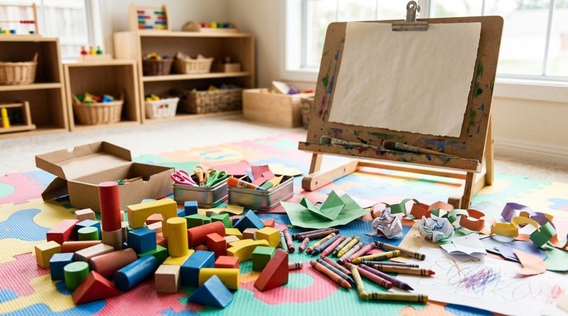 ركن الفنون بألوان ومكعبات وحامل رسم