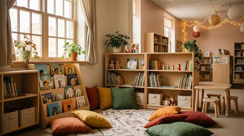 ركن قراءة دافئ بوسائد وكتب أطفال